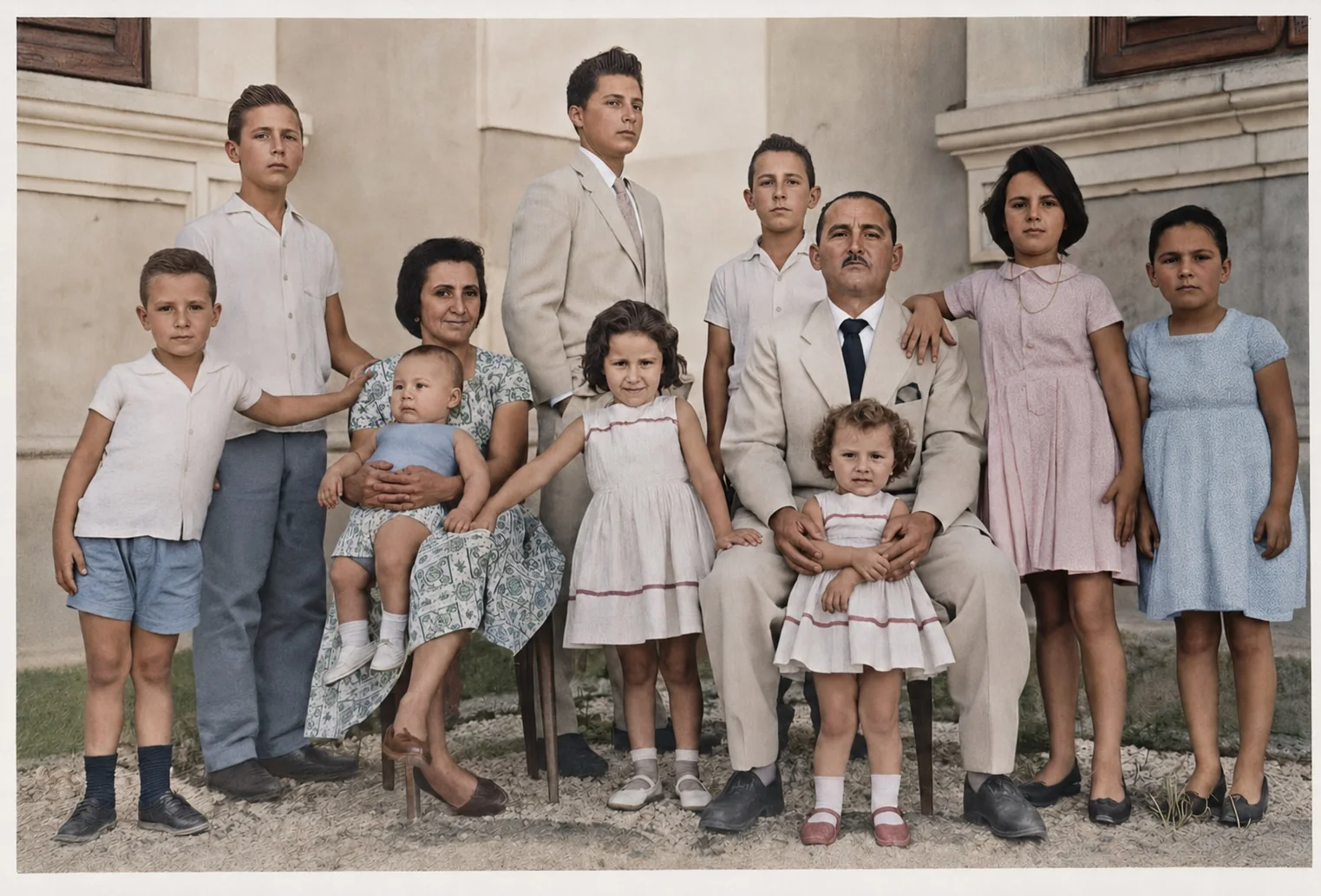 Foto de família colorizada em frente a uma construção