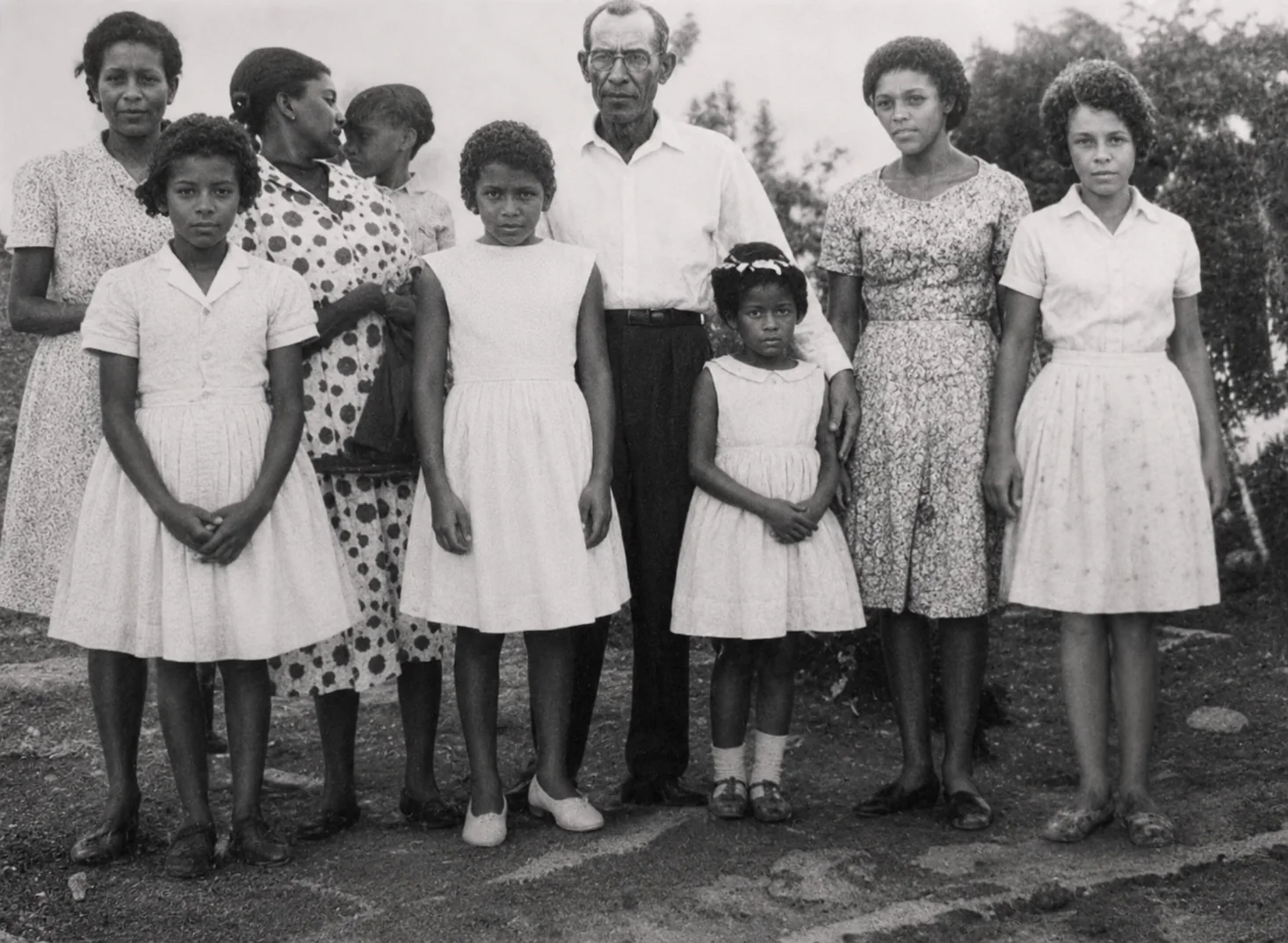 Foto de família restaurada em preto e branco
