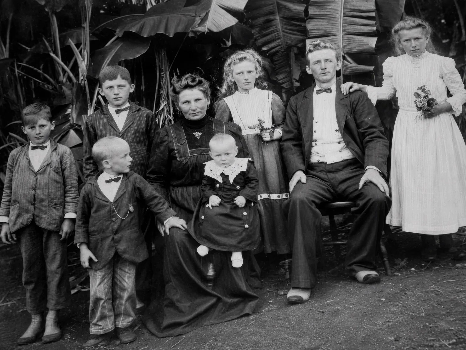 Foto de família restaurada em preto e branco
