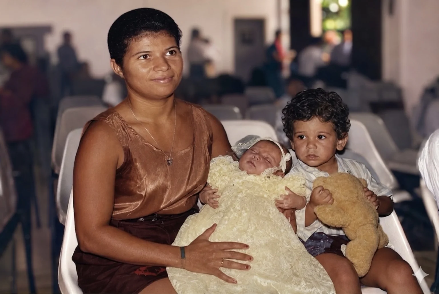Foto restaurada de mãe com bebê e criança